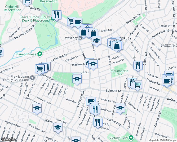 map of restaurants, bars, coffee shops, grocery stores, and more near 16 Holt Street in Belmont