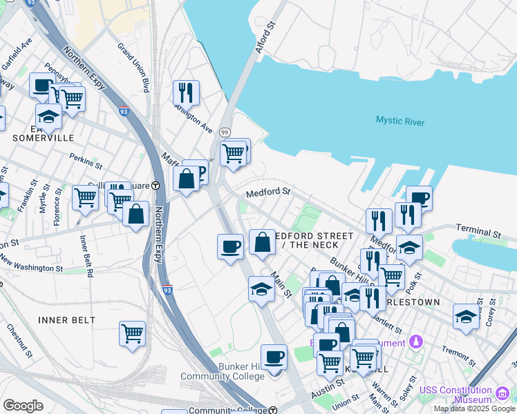 map of restaurants, bars, coffee shops, grocery stores, and more near 73 Baldwin Street in Boston
