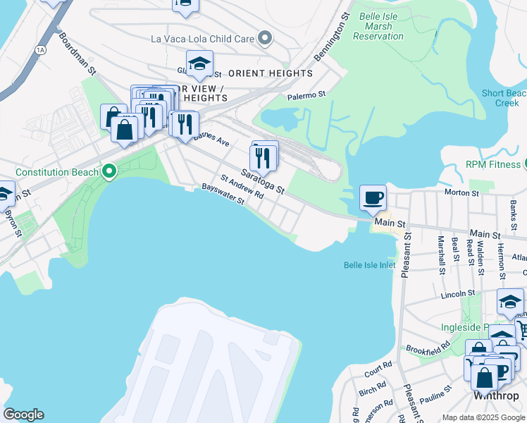 map of restaurants, bars, coffee shops, grocery stores, and more near 150 Bayswater Street in Boston