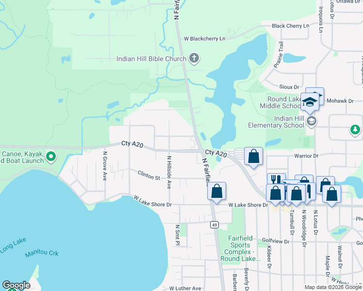 map of restaurants, bars, coffee shops, grocery stores, and more near 24571 West Rollins Road in Round Lake