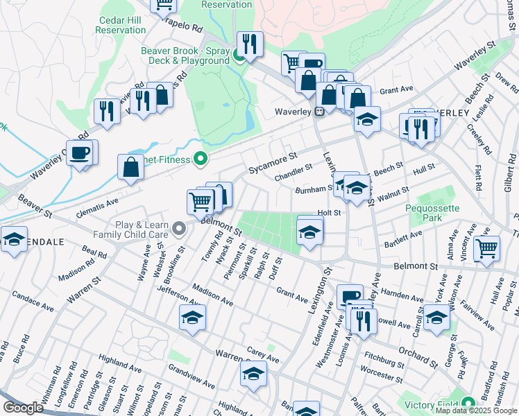map of restaurants, bars, coffee shops, grocery stores, and more near 109 Holt Street in Watertown