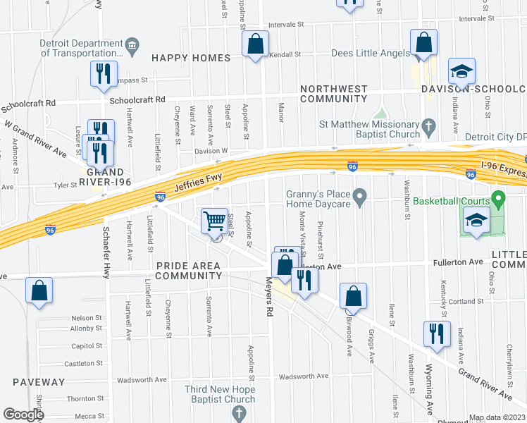 map of restaurants, bars, coffee shops, grocery stores, and more near 12769 Meyers Road in Detroit