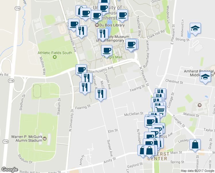 map of restaurants, bars, coffee shops, grocery stores, and more near 338 Lincoln Avenue in Amherst