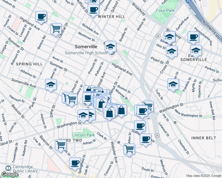 map of restaurants, bars, coffee shops, grocery stores, and more near 33 Walnut Street in Somerville