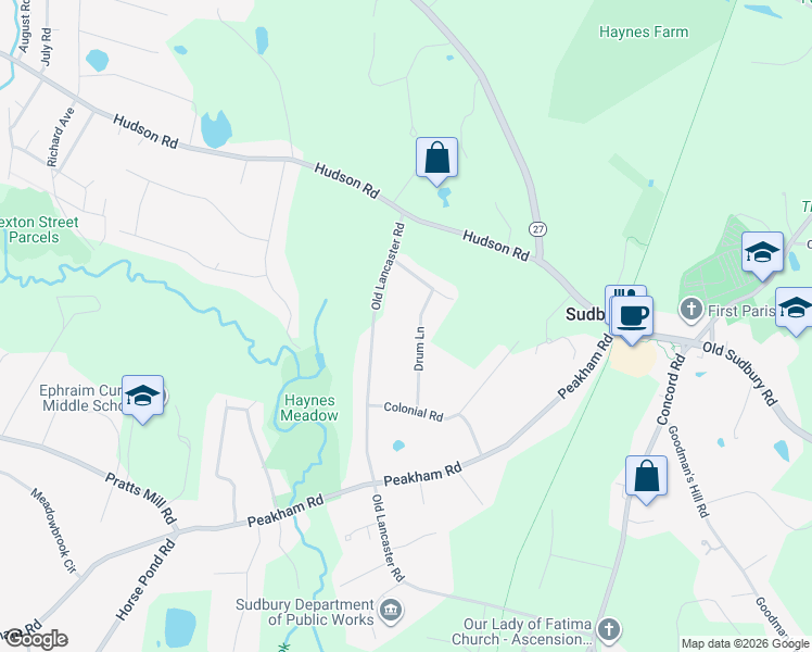 map of restaurants, bars, coffee shops, grocery stores, and more near 29 Drum Lane in Sudbury