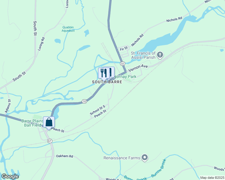 map of restaurants, bars, coffee shops, grocery stores, and more near High Plains Street in Barre