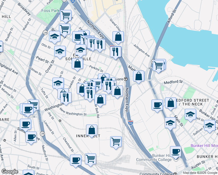 map of restaurants, bars, coffee shops, grocery stores, and more near 99-103 Cambridge Street in Boston