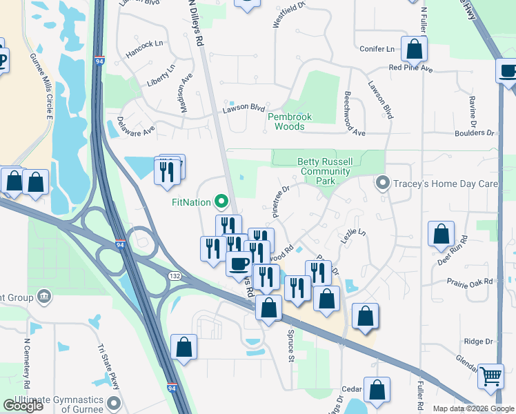 map of restaurants, bars, coffee shops, grocery stores, and more near 5420 Ebony Court in Gurnee
