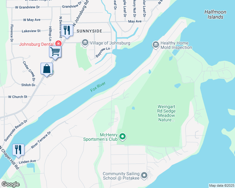 map of restaurants, bars, coffee shops, grocery stores, and more near 3808 Weingart Road in Johnsburg