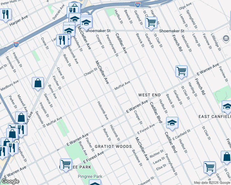 map of restaurants, bars, coffee shops, grocery stores, and more near 5144 McClellan Avenue in Detroit