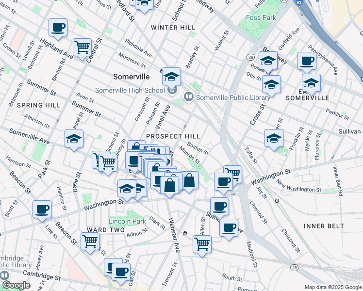 map of restaurants, bars, coffee shops, grocery stores, and more near 97 Munroe Street in Somerville