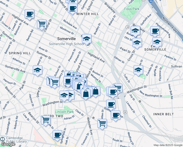 map of restaurants, bars, coffee shops, grocery stores, and more near 97 Munroe Street in Somerville