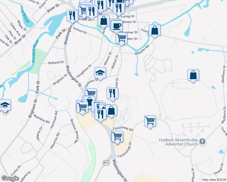 map of restaurants, bars, coffee shops, grocery stores, and more near 157 Broad Street in Hudson