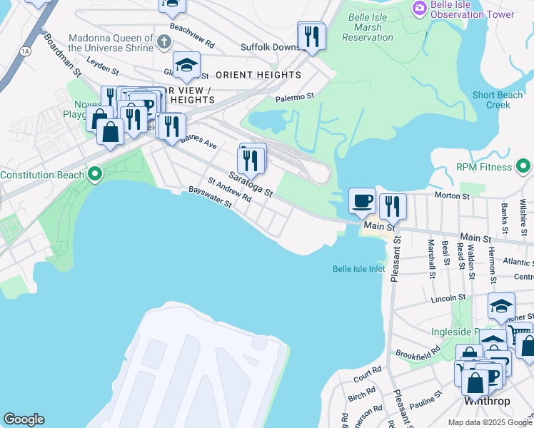 map of restaurants, bars, coffee shops, grocery stores, and more near 174 Bayswater Street in Boston