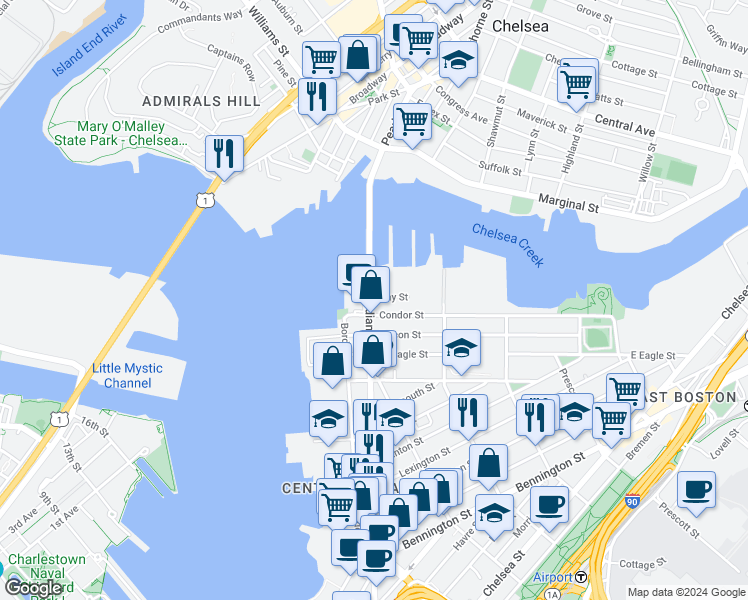 map of restaurants, bars, coffee shops, grocery stores, and more near 47 Condor Street in Boston