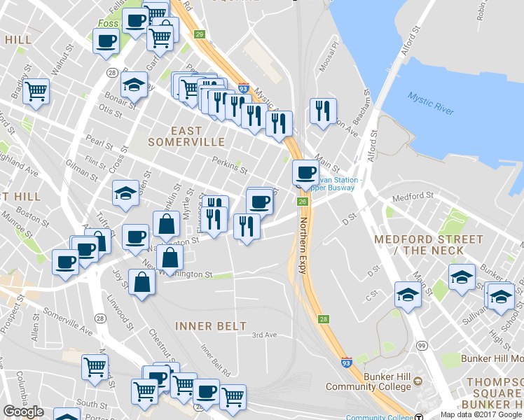 map of restaurants, bars, coffee shops, grocery stores, and more near 99-103 Cambridge Street in Boston