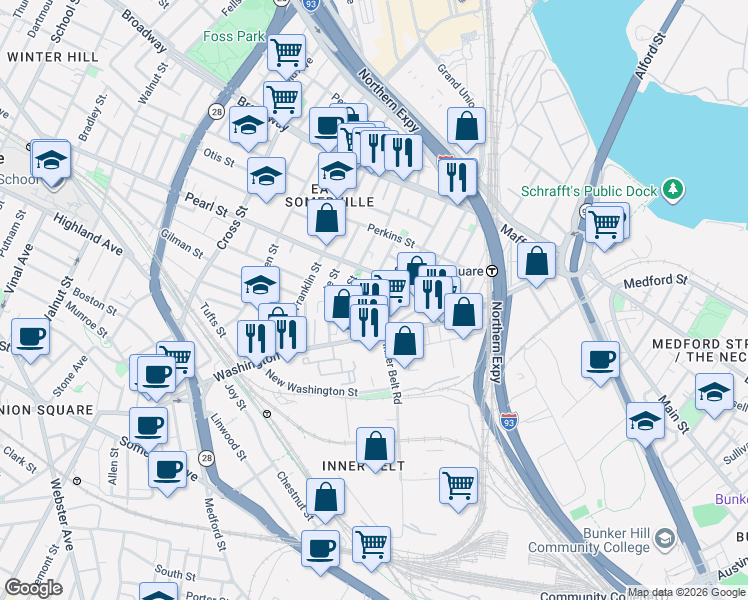 map of restaurants, bars, coffee shops, grocery stores, and more near 89 Mount Vernon Street in Somerville