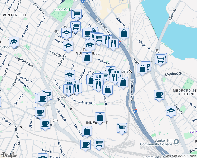 map of restaurants, bars, coffee shops, grocery stores, and more near 89 Mount Vernon Street in Somerville