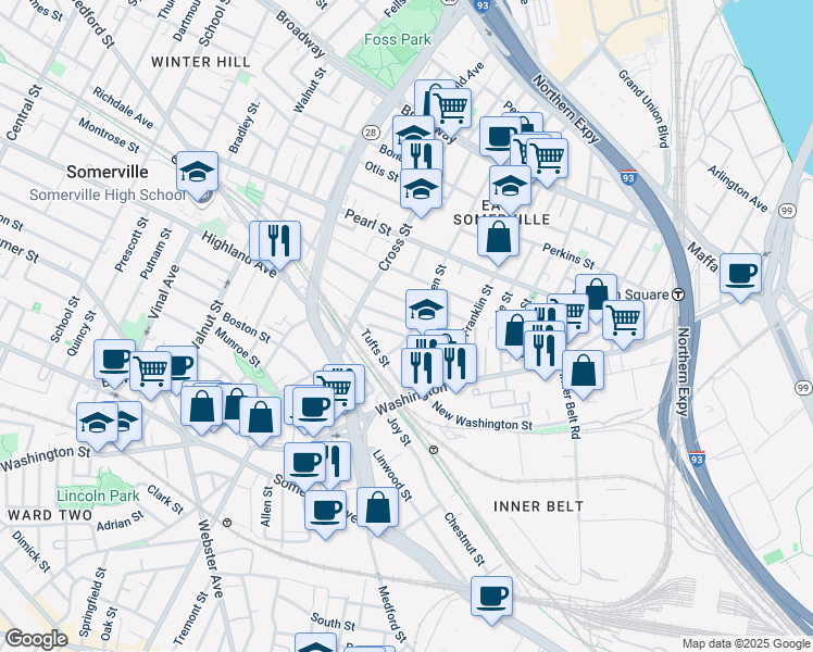 map of restaurants, bars, coffee shops, grocery stores, and more near 159 Glen Street in Somerville