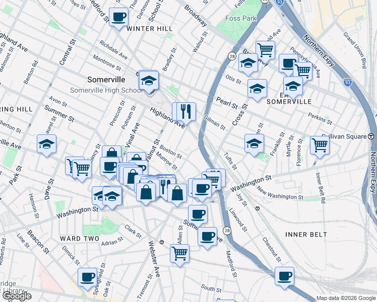 map of restaurants, bars, coffee shops, grocery stores, and more near 53 Boston Street in Somerville