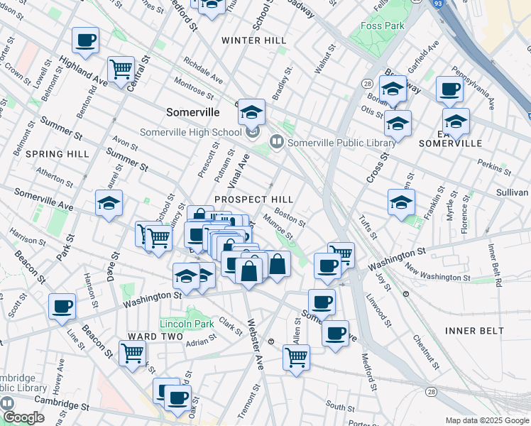 map of restaurants, bars, coffee shops, grocery stores, and more near 33 Walnut Street in Somerville