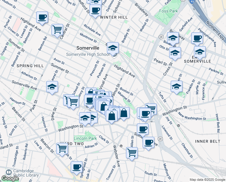 map of restaurants, bars, coffee shops, grocery stores, and more near 33 Walnut Street in Somerville