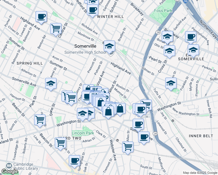 map of restaurants, bars, coffee shops, grocery stores, and more near 33 Walnut Street in Somerville