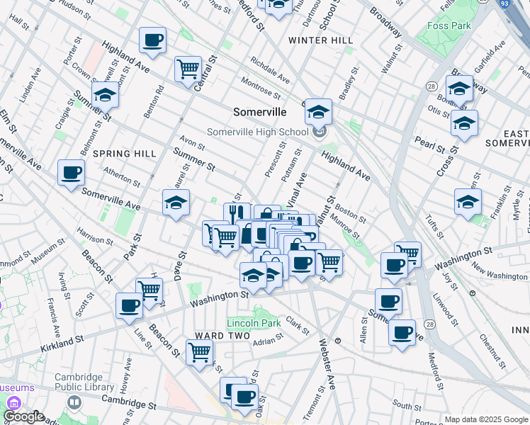map of restaurants, bars, coffee shops, grocery stores, and more near 20 Summer Street in Somerville