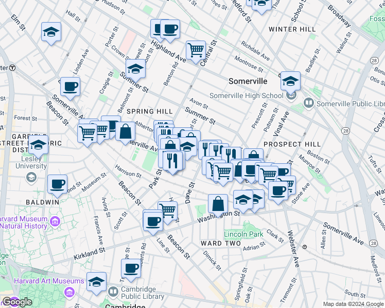 map of restaurants, bars, coffee shops, grocery stores, and more near 480 Somerville Avenue in Somerville