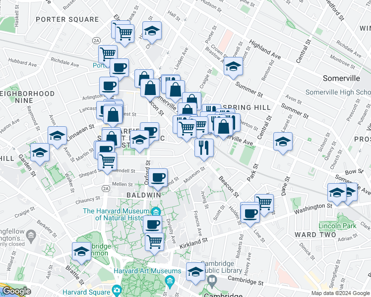 map of restaurants, bars, coffee shops, grocery stores, and more near 66 Sacramento Street in Cambridge