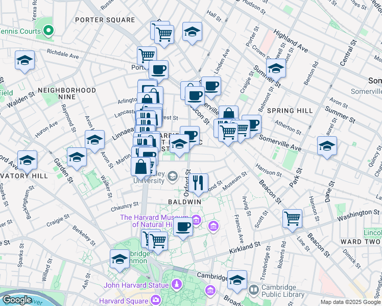 map of restaurants, bars, coffee shops, grocery stores, and more near 36 Sacramento Street in Cambridge