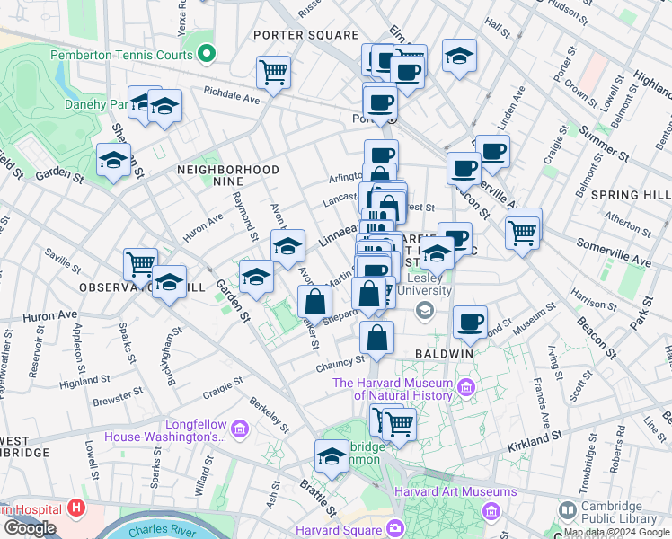 map of restaurants, bars, coffee shops, grocery stores, and more near in Cambridge