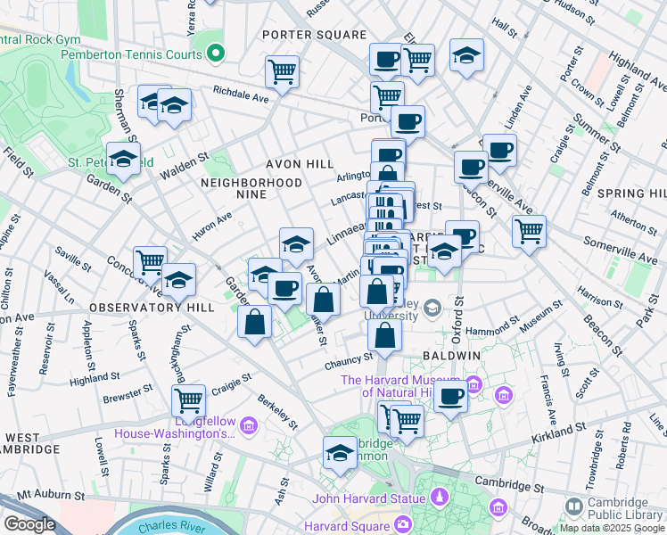 map of restaurants, bars, coffee shops, grocery stores, and more near in Cambridge