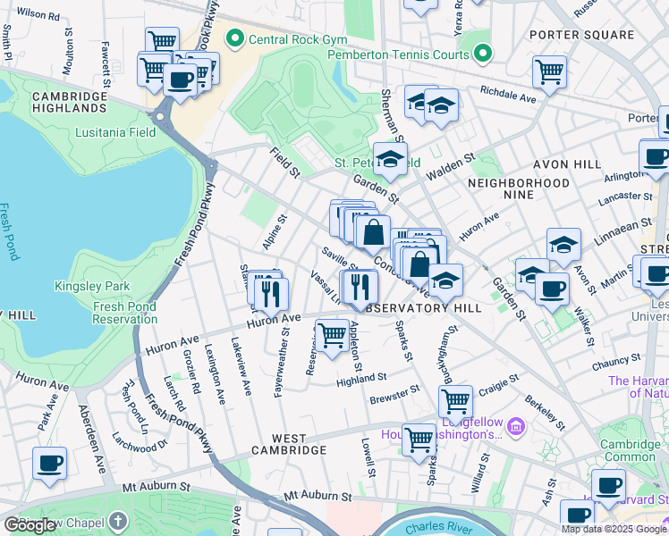 map of restaurants, bars, coffee shops, grocery stores, and more near 19 Hutchinson Street in Cambridge