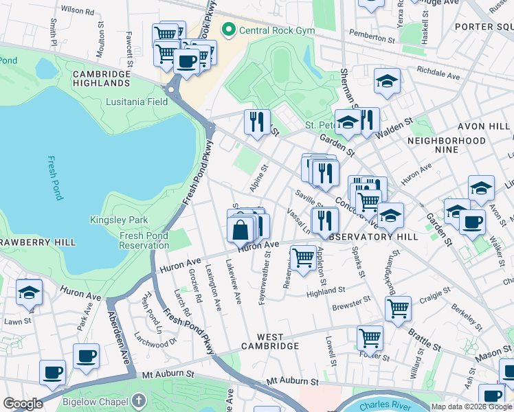 map of restaurants, bars, coffee shops, grocery stores, and more near 101 Fayerweather Street in Cambridge