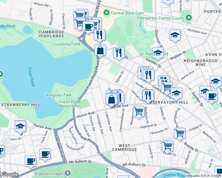 map of restaurants, bars, coffee shops, grocery stores, and more near 45 Standish Street in Cambridge