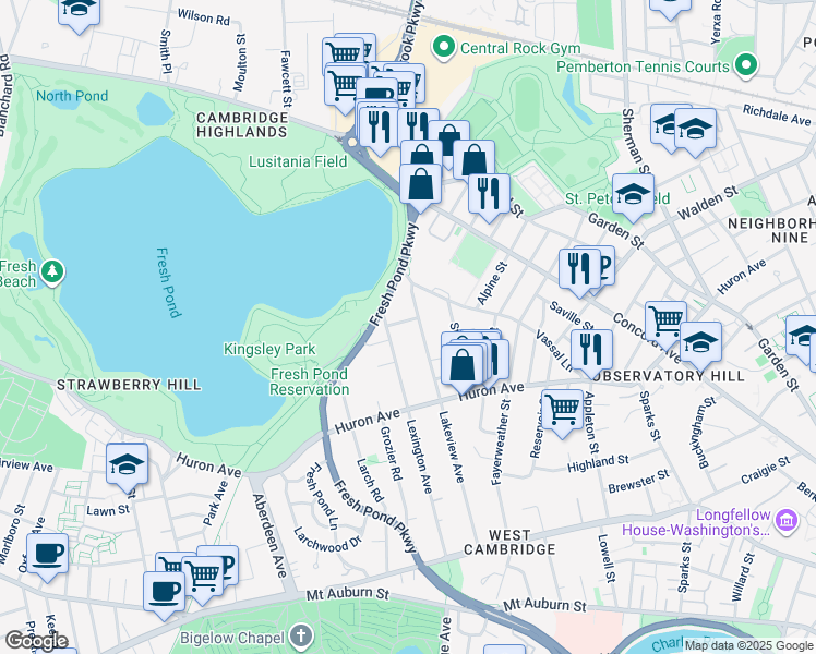 map of restaurants, bars, coffee shops, grocery stores, and more near 238 Lexington Avenue in Cambridge