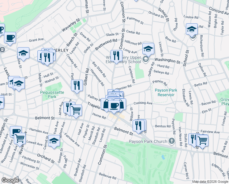 map of restaurants, bars, coffee shops, grocery stores, and more near 418 Common Street in Belmont