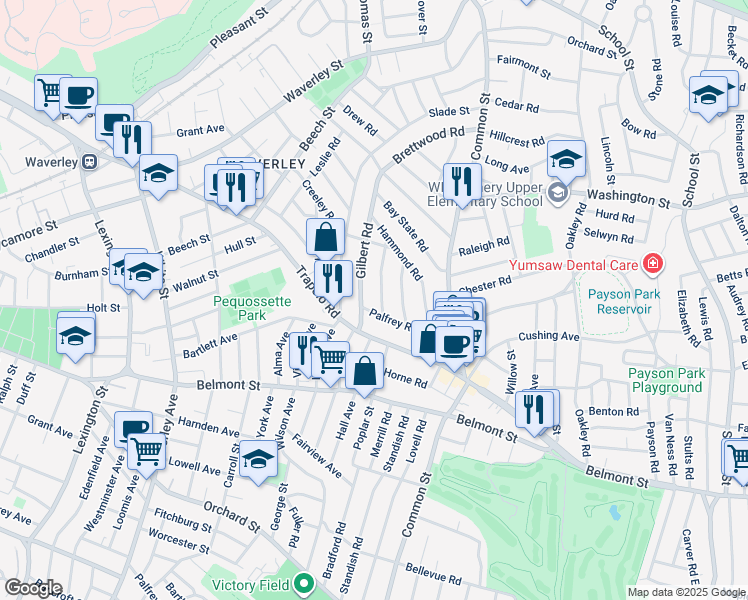map of restaurants, bars, coffee shops, grocery stores, and more near 1 Winslow Road in Belmont
