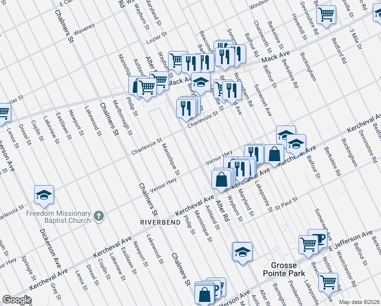 map of restaurants, bars, coffee shops, grocery stores, and more near 2540 Ashland Street in Detroit