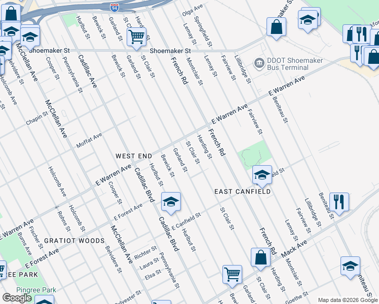 map of restaurants, bars, coffee shops, grocery stores, and more near 4763 Saint Clair Street in Detroit