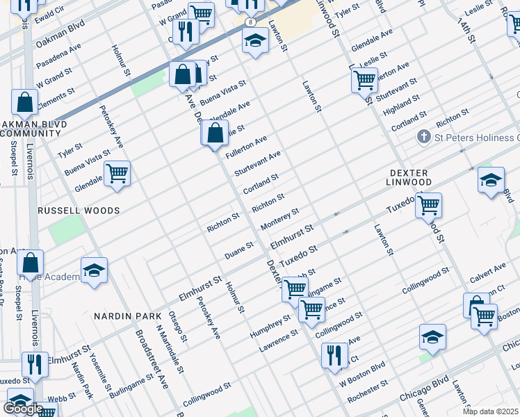 map of restaurants, bars, coffee shops, grocery stores, and more near 12152 Dexter Avenue in Detroit