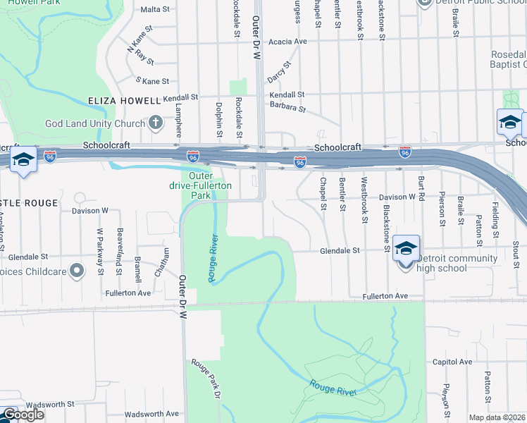 map of restaurants, bars, coffee shops, grocery stores, and more near 12870 Lahser Road in Detroit