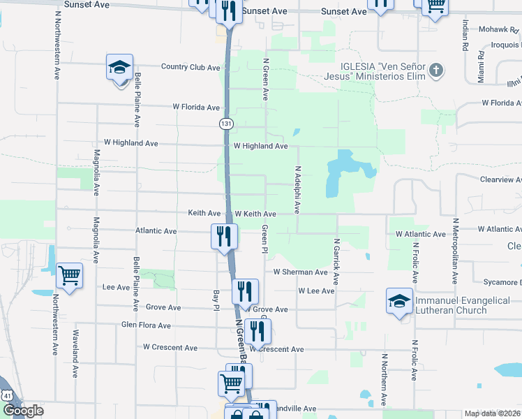 map of restaurants, bars, coffee shops, grocery stores, and more near 12865 West Keith Avenue in Waukegan