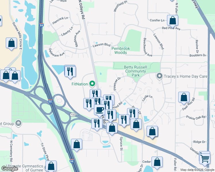 map of restaurants, bars, coffee shops, grocery stores, and more near 5420 Ebony Court in Gurnee