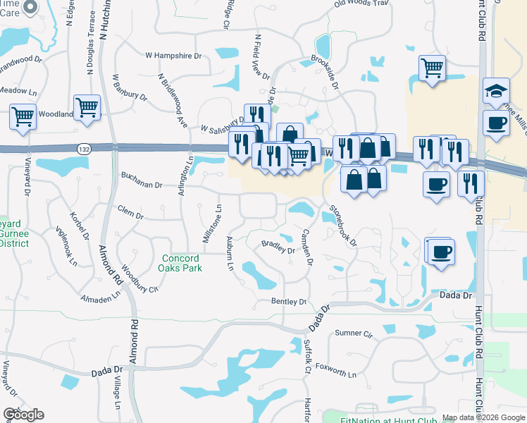 map of restaurants, bars, coffee shops, grocery stores, and more near 7061 South Stratton Lane in Gurnee