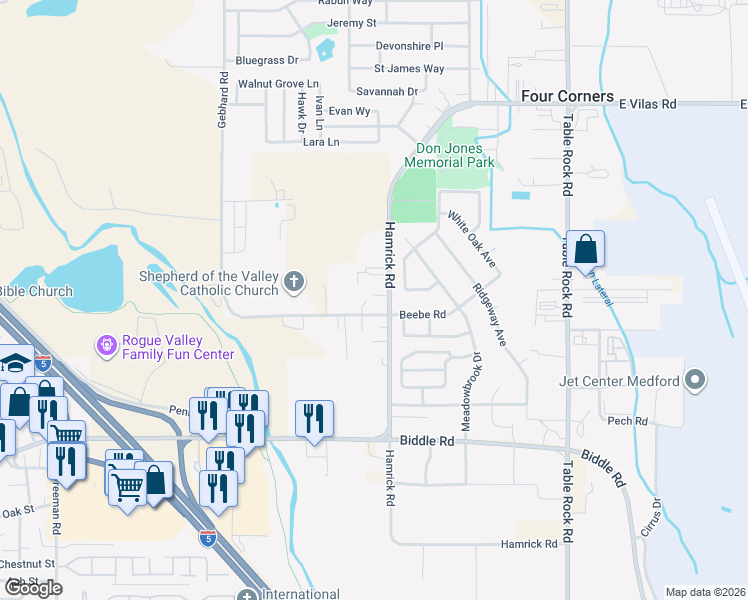 map of restaurants, bars, coffee shops, grocery stores, and more near 4511 Hamrick Road in Central Point