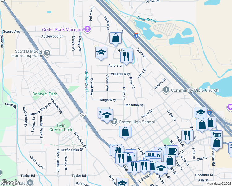 map of restaurants, bars, coffee shops, grocery stores, and more near 106 Windsor Way in Central Point