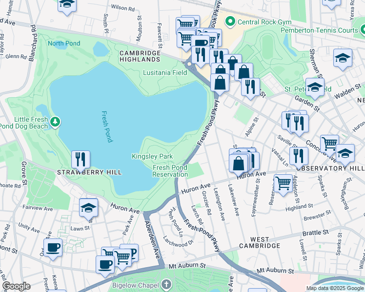 map of restaurants, bars, coffee shops, grocery stores, and more near 250 Fresh Pond Parkway in Cambridge
