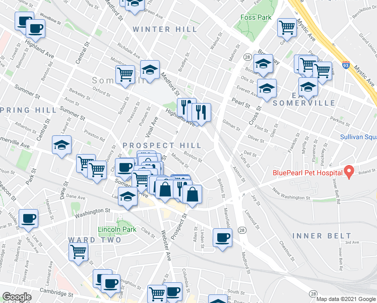 map of restaurants, bars, coffee shops, grocery stores, and more near 71 Boston Street in Somerville